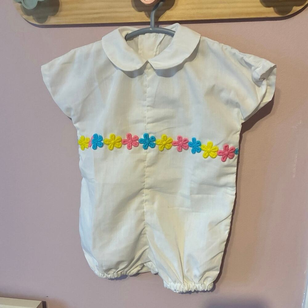 Vintage Baby Romper White Floral Embroidered One Piece – Pastel Flowers